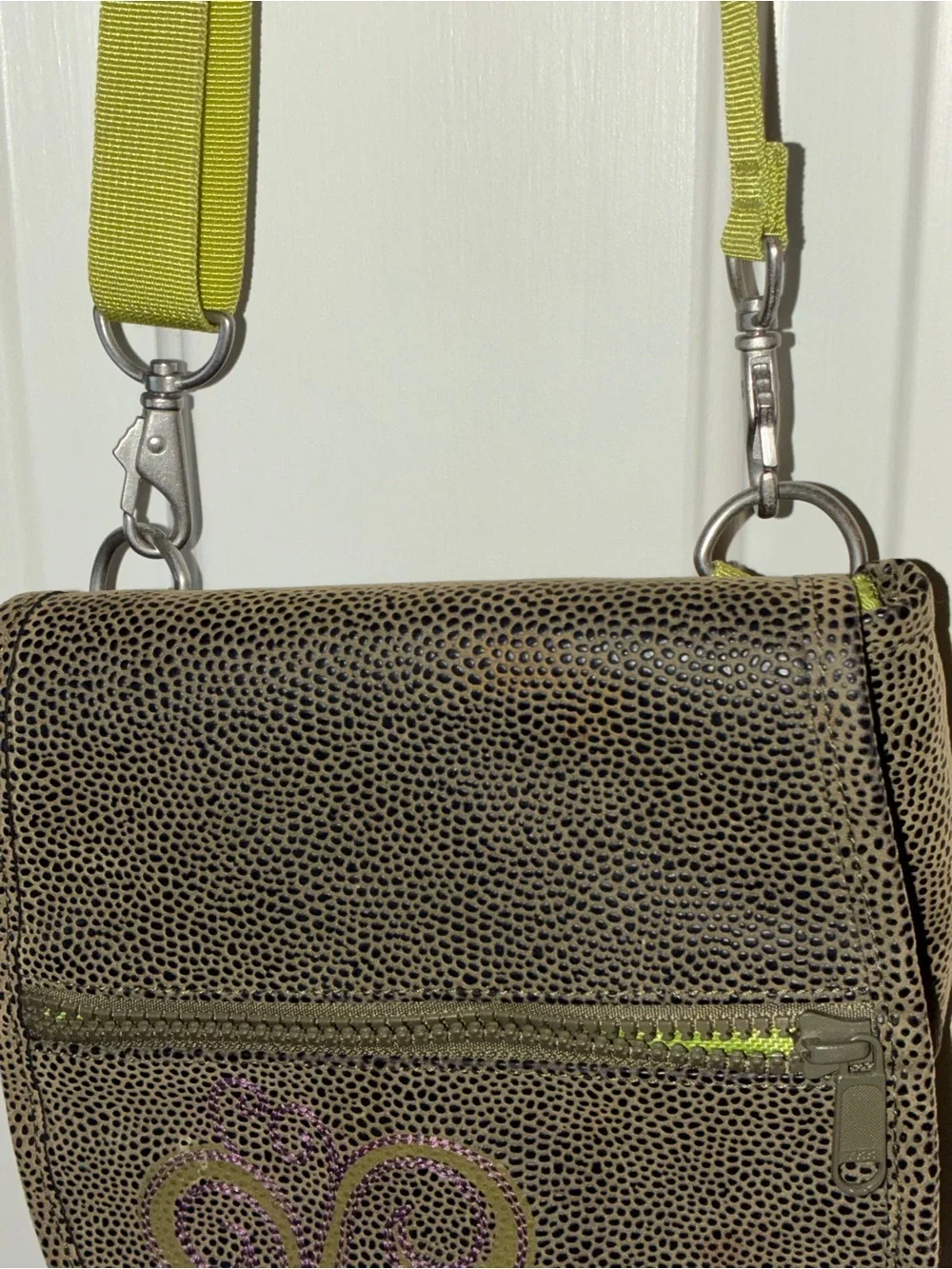 Haiku Olive Crossbody‎ Bag with Lime Strap with Embroidery
